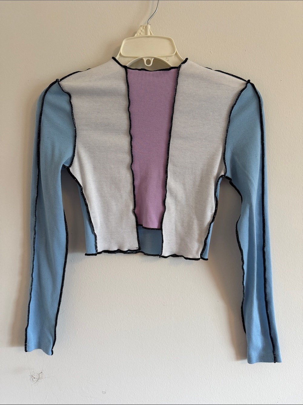 SHEIN Blue White Purple Contrast Seam Ribbed Long Sleeve Crop Top